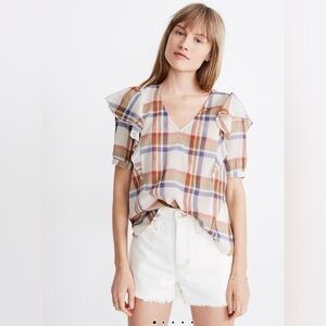 Madewell V-Neck Ruffle Top in Plaid